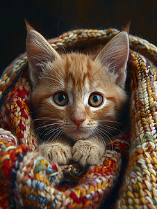 顽皮的小猫躲在堆满毯子的地方高清图片