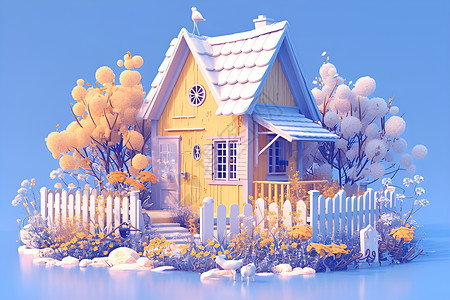 建筑围栏黄色房屋的树木插画