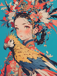 逗鸟的女子中国女子与一只鸟插画