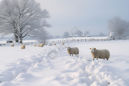 羊群穿越雪地高清图片