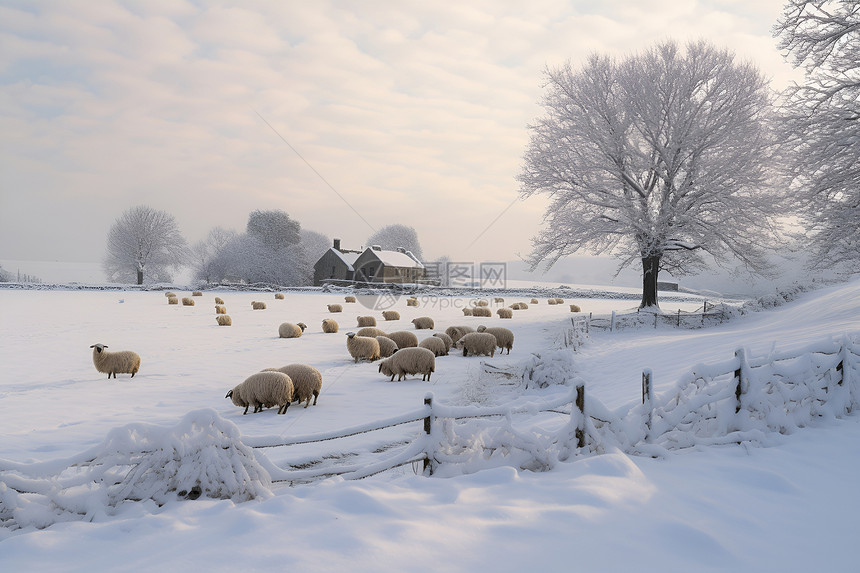 白雪皑皑中的羊群图片