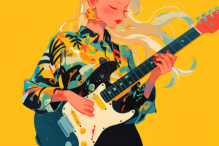 彩绘吉他弹吉他的时尚女子插画