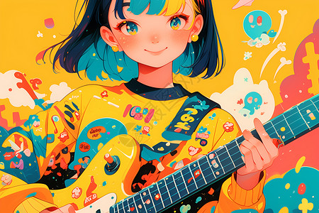 彩绘吉他彩绘的弹吉他的少女插画