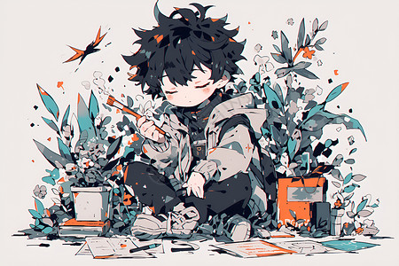 粗犷的小男孩与植物插画