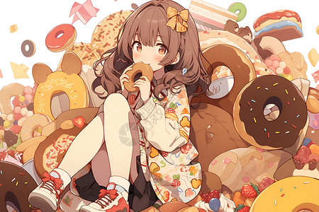 甜甜圈素材少女与甜甜圈景象插画