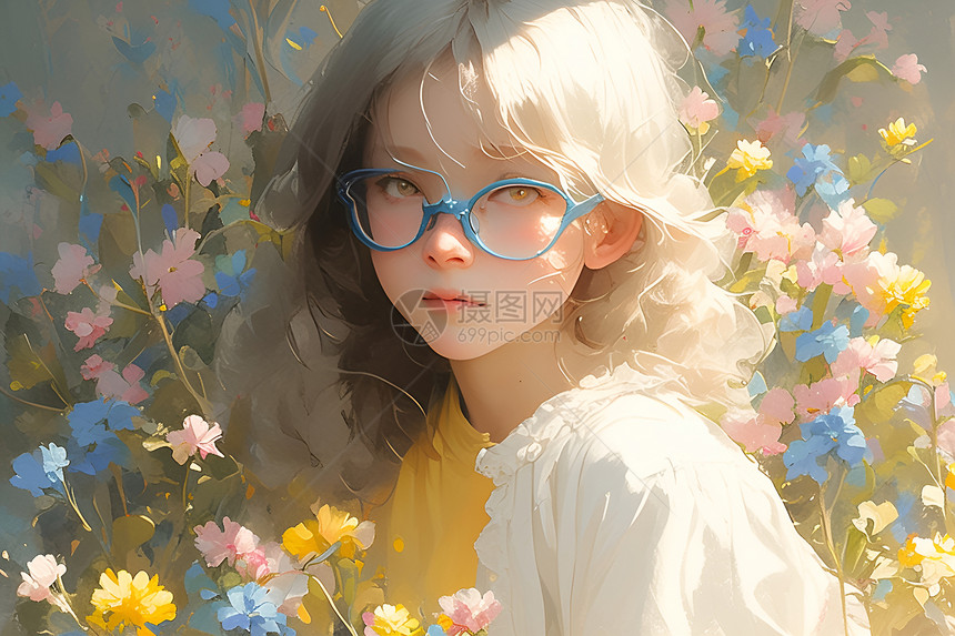 花朵为背景的小女孩图片