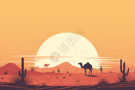 仙人掌和行走的骆驼背景图片