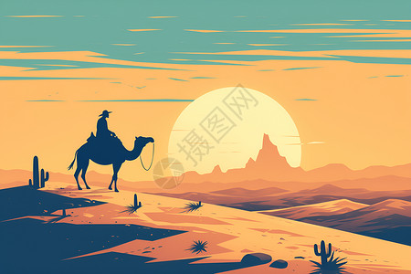 沙漠里骑骆驼的人插画