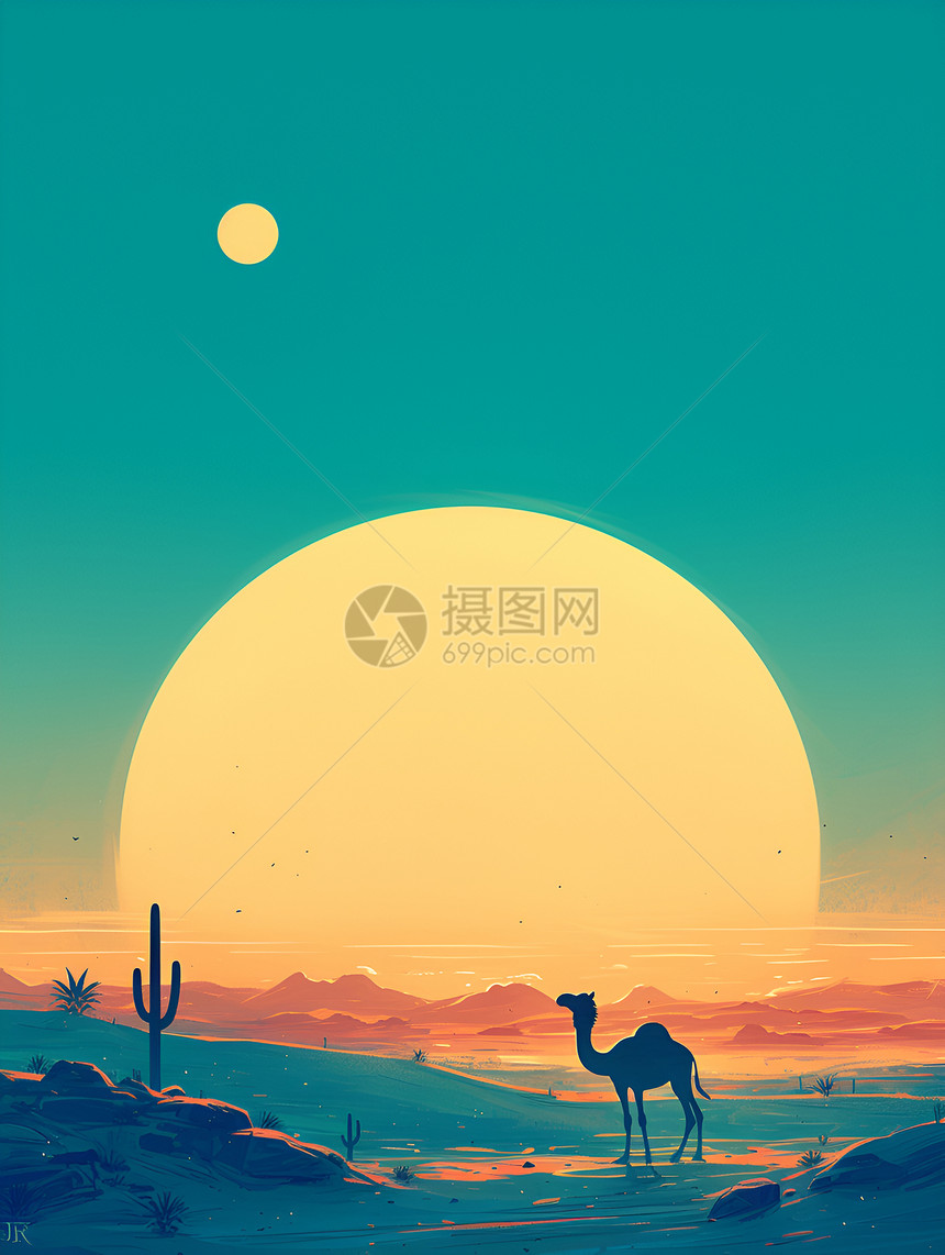 夕阳背景下的骆驼图片