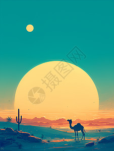 仙人掌夕阳背景下的骆驼插画