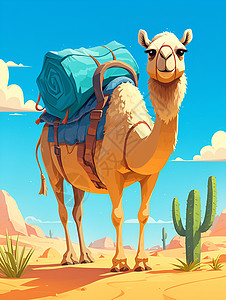 天空背阳光下背行李的骆驼插画