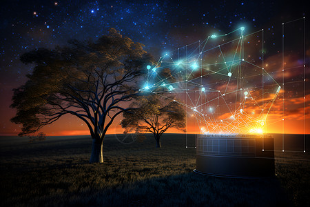 草原之夜夜空下的互联网线路设计图片