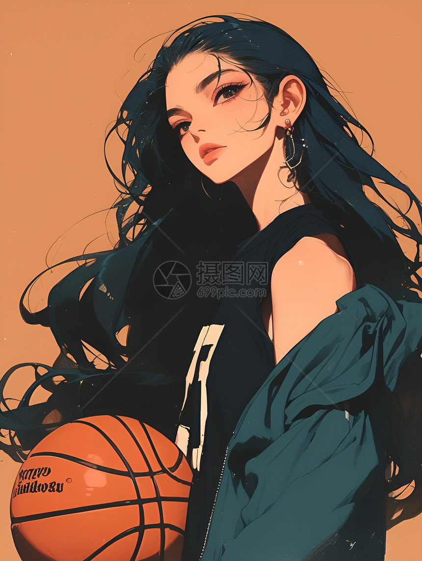 黑发女子抱着篮球图片