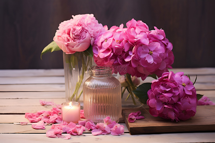 装满粉色花朵的花瓶图片