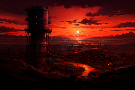 夕阳和工业景观背景图片