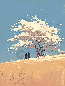 草丛大树树下的两个人背景