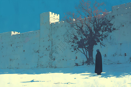 城墙雪孤独身影立于雪地上插画