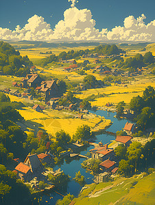 风景如画村庄风景如画的山谷与绚丽的村庄插画