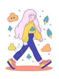 漫步街头艺伎糖果色少女在街头漫步插画