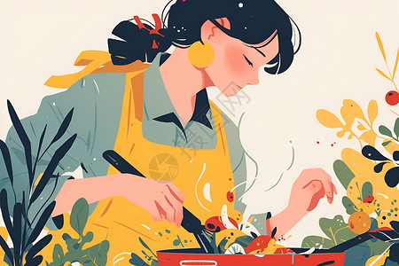 家庭主妇烹饪做饭的家庭主妇插画