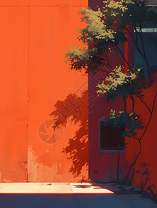叶子的影子红色墙壁插画