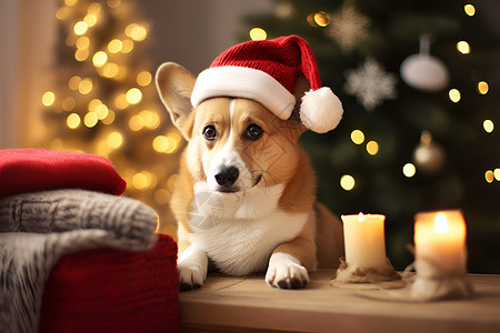一个戴着圣诞帽的狗狗背景图片