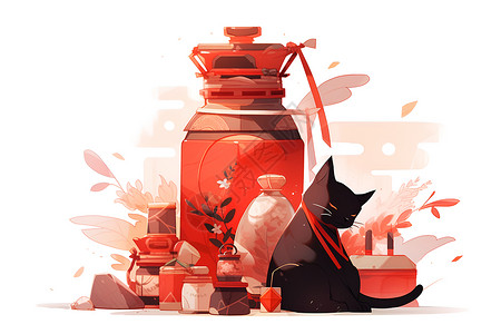 陶瓷瓶边的黑猫背景图片