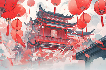 红色中国灯笼喜庆氛围的中国建筑插画