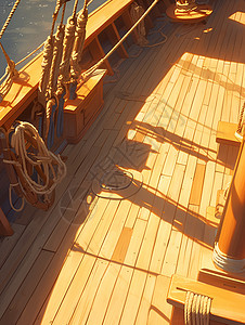 海上船帆温暖的阳光照射在抛光的木质甲板上插画
