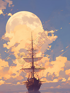 船如一枚羽箭船影如梦幻宁静天际插画