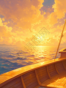 海洋波纹日落时分的一艘木船插画