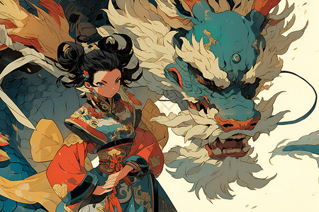 龙神中龙与剑中的中式仙境插画
