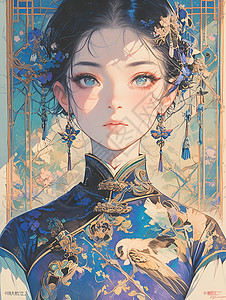女孩旗袍上的花鸟图案背景图片