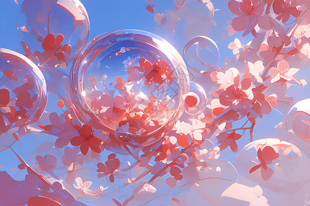花瓣与飞舞的泡泡插画