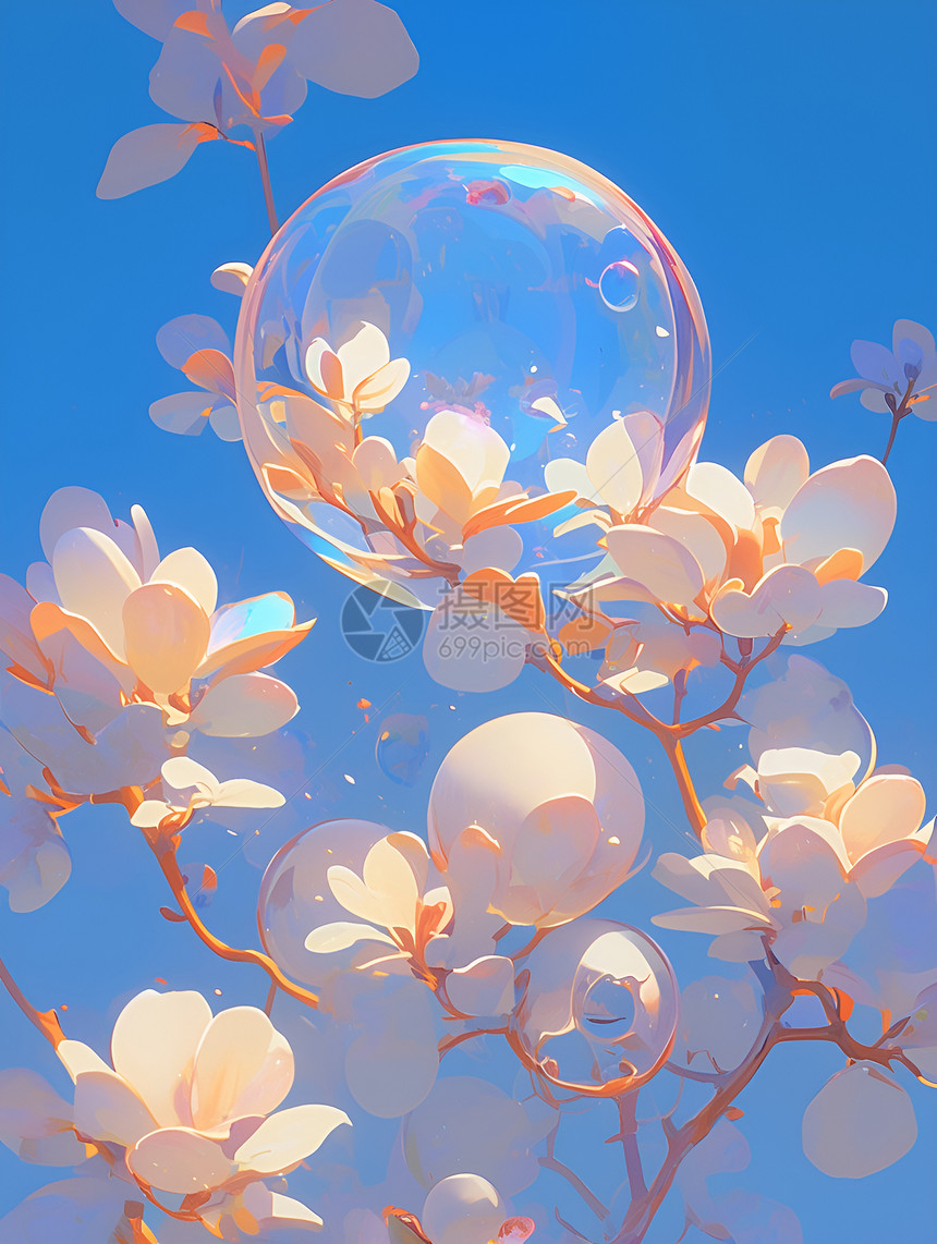 梦幻花瓣与漂浮泡泡图片