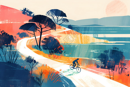 自行车车道海边自行车道上的骑行者插画