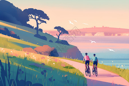 海边自行车道上的两位骑行者插画