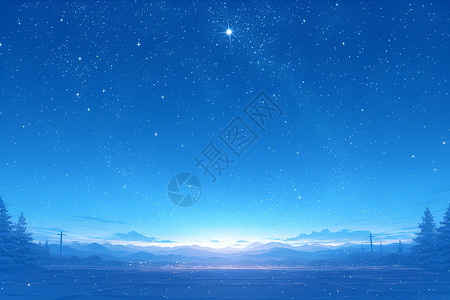 蓝色美景冬夜星空下的静谧美景插画