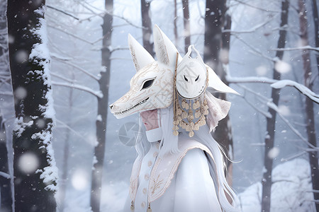 白礼服白雪森林中带着狐狸面具的女人插画