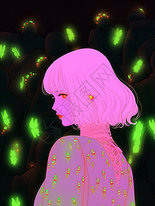 荧光青年少女与萤火虫插画