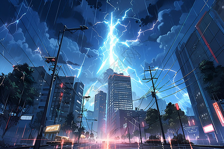 城市上空的雷暴背景图片