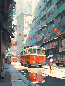洛阳老城老城街道上的巴士插画