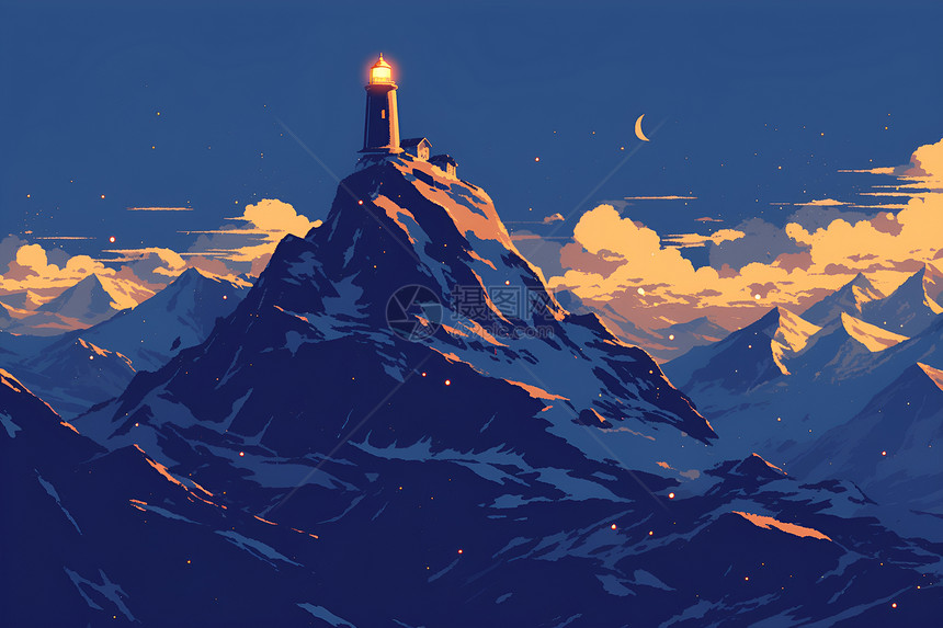 夜幕中隐约的山脉和灯塔图片