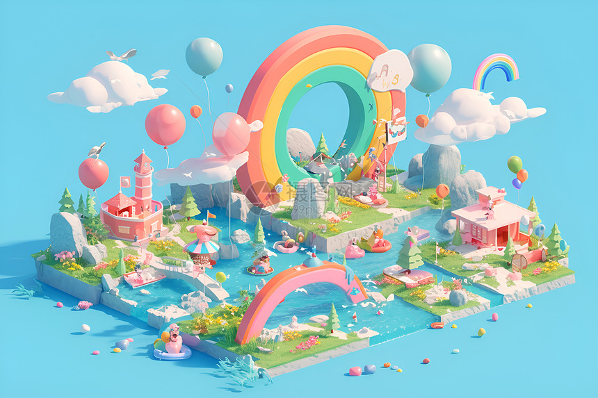 彩虹气球漂浮在小岛上图片