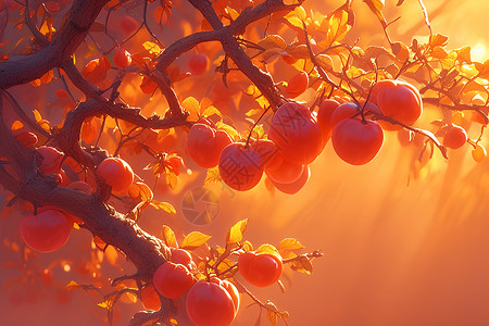 红夕阳素材夕阳下的柿子树插画