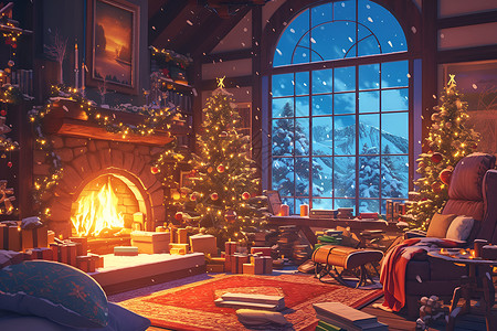 圣诞节家居温暖冬日的壁炉插画