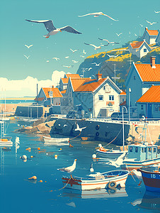 北海渔村宁静的海滨小村庄插画
