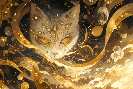璀璨金色的奇幻猫咪背景图片