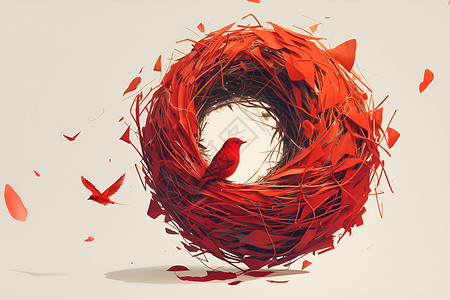 小鸟用红线编织巢穴背景图片