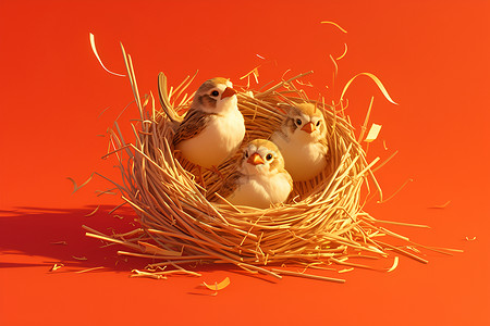 鸟类喂食巢穴里的小鸟插画